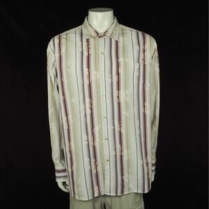 Tommy Bahama Button Down Shirt Mens 2XL XXL Brown Floral Striped Cotton Blend